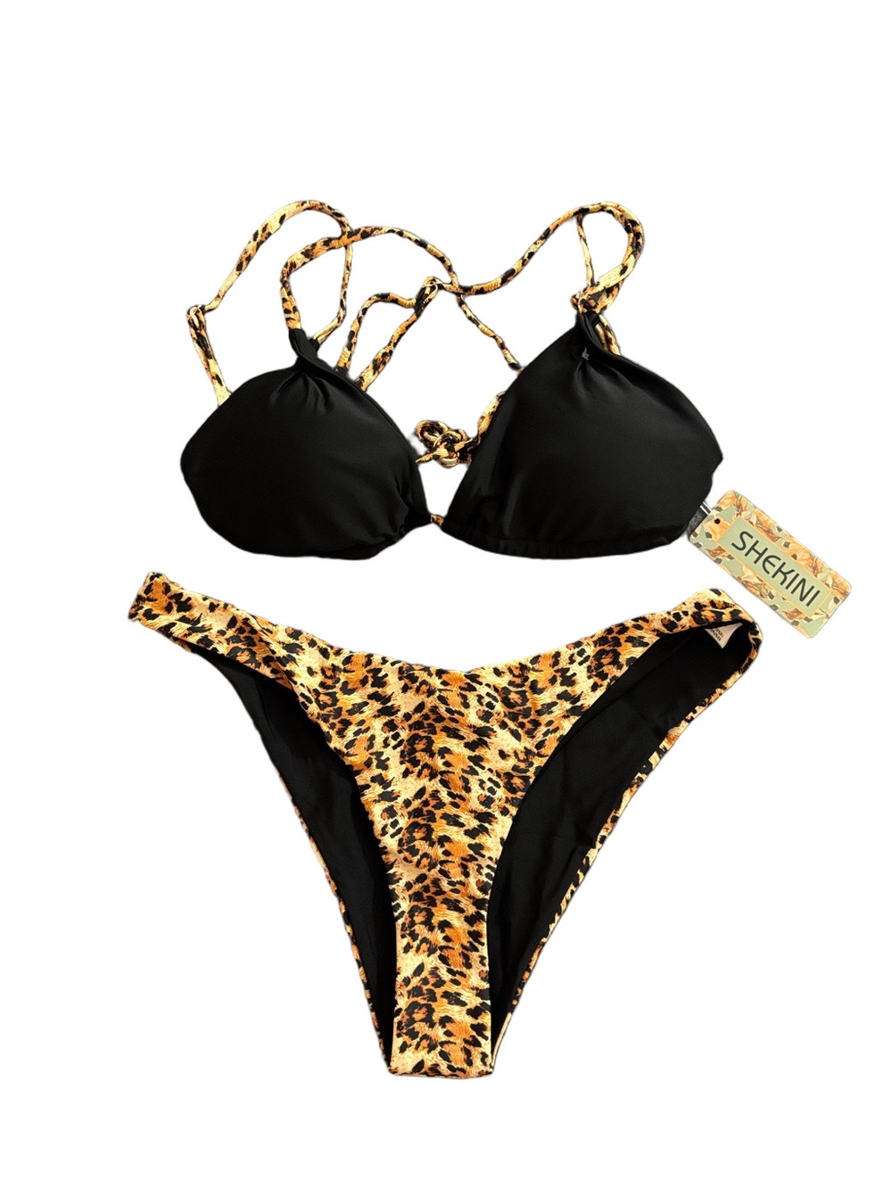 Shekini Leopard Print Bikini Set Black Triangle Halter Top NWT Women’s L